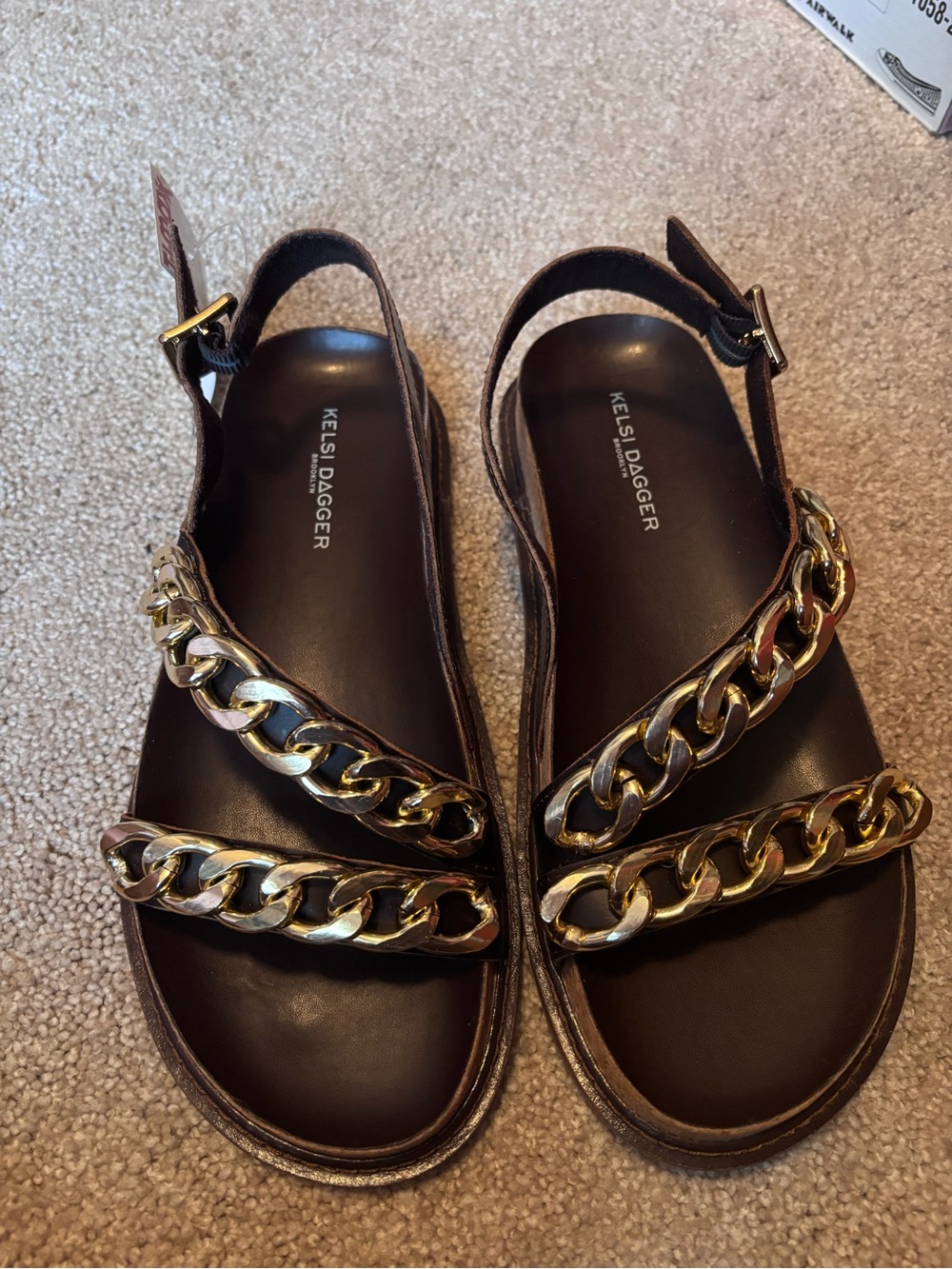NWOT Kelsi Dagger Chain Accent Brown Leather Sandals Sz 8